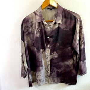Grade and Gather Button Down Purple & Grey Lightweight Blouse Large